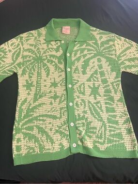 Massive Green & Cream Tropical Knit Button-Up Polo ** New w/o tags